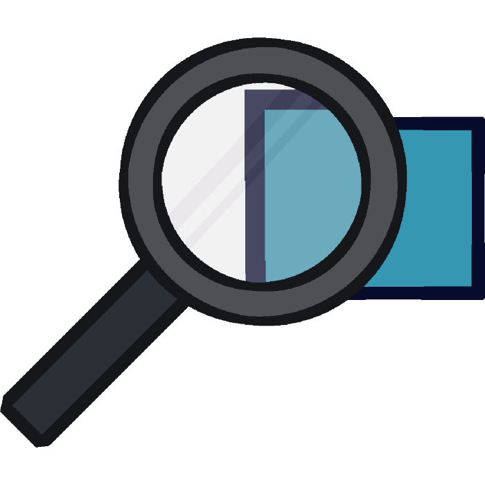  A grey magnifying glass icon over a blue square.